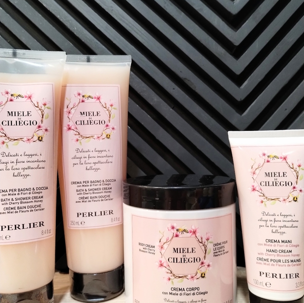Perlier Cherry Blossom Honey Bath Body & Hand Cream Set New